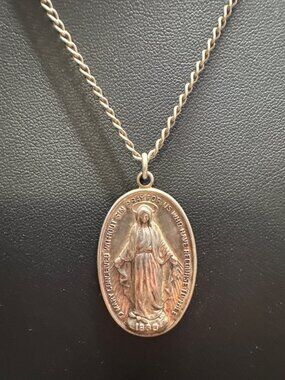 Vintage Sterling Silver Miraculous Medal Necklace Featuring Virgin Mary & Sacred